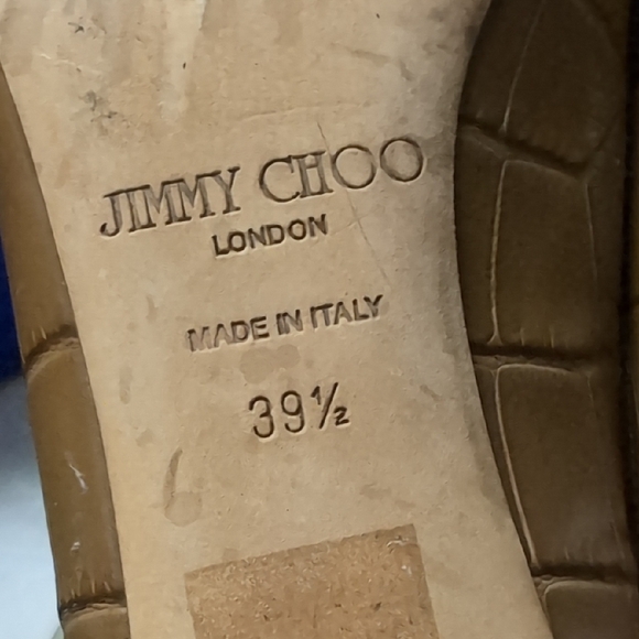 Jimmy Choo Croc-Embossed Tan Peep-Toe Heels - Picture 7 of 7